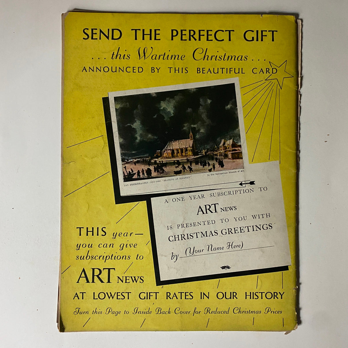 Cover of VTG Art News Magazine dated November 15, 1942 featuring a festive wartime Christmas card with a painting and a subscription offer for Art News.