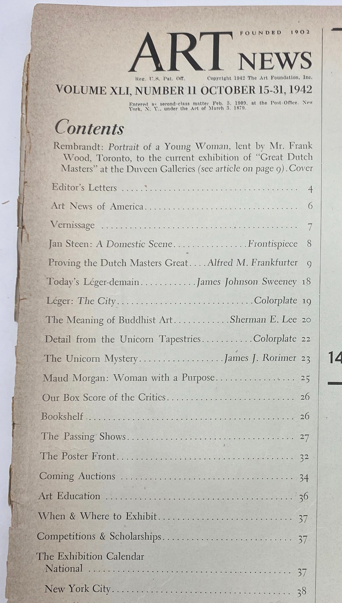 Table of contents from VTG Art News Magazine October 15, 1942, listing articles and features related to renowned artists including Rembrandt and Jan Steen.