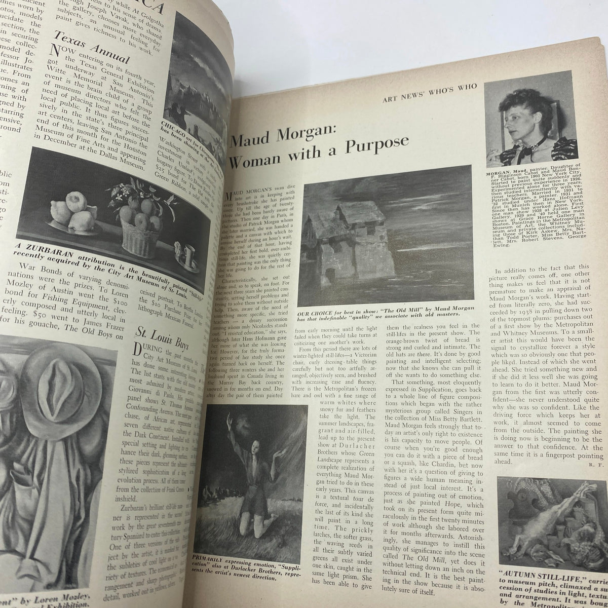Page from VTG Art News Magazine October 15, 1942, highlighting the feature 'Maud Morgan: Woman with a Purpose,' exploring the work and impact of artist Maud Morgan.