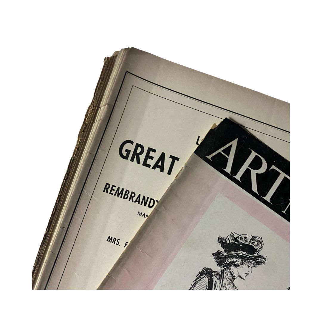 Vintage magazines featuring a collection of art, including the VTG Art News Magazine October 1, 1942 Charles Dana Gibson Jubilee. The image showcases the spines of multiple magazines in a stacked arrangement.
