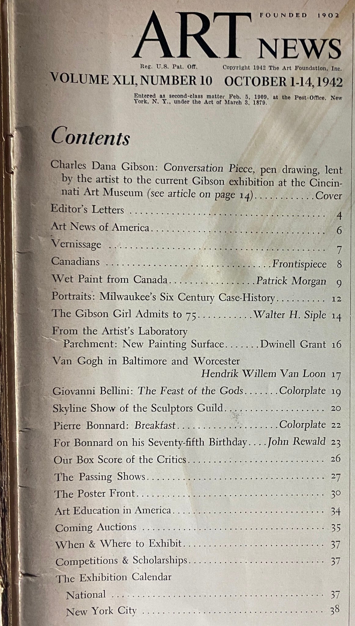 Inside page of the VTG Art News Magazine October 1, 1942, displaying the contents list highlighting key articles and features, including Charles Dana Gibson's work.
