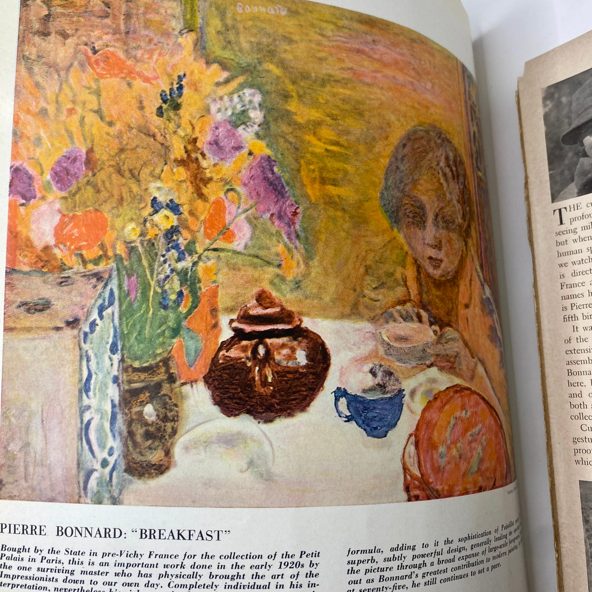 Vibrant artwork titled 'Breakfast' by Pierre Bonnard featured in the VTG Art News Magazine October 1, 1942, showcasing a still life scene with colorful flowers and a child.