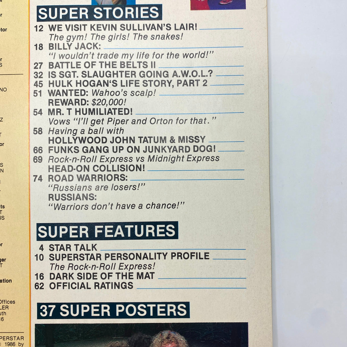 Contents page of the VTG Superstar Wrestler July 1986 magazine detailing various wrestling stories, including interviews and match reports.