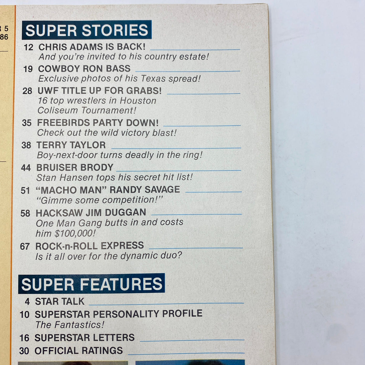 Table of contents from the VTG Superstar Wrestler Magazine October 1986 featuring Chris Adams, Cowboy Ron Bass, and UWF Title Tournament highlights.