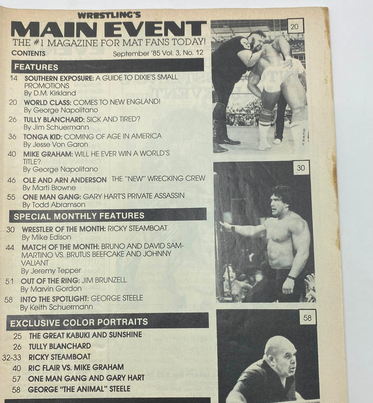 Contents page of Wrestling's Main Event Magazine September 1985 highlighting key features including wrestler profiles and special sections.