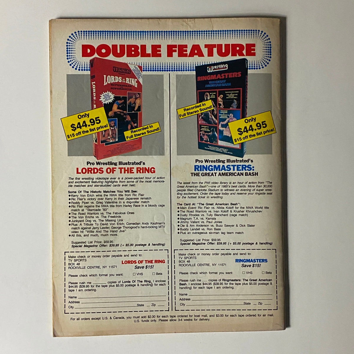 Back cover of Pro Wrestling Illustrated Magazine February 1987 featuring a Double Feature advertisement for wrestling videos 'Lords of the Ring' and 'Ringmasters: The Great American Bash'. Highlighted prices and promotional details are visible, showcasing a nostalgic glimpse into wrestling entertainment from the late 1980s.