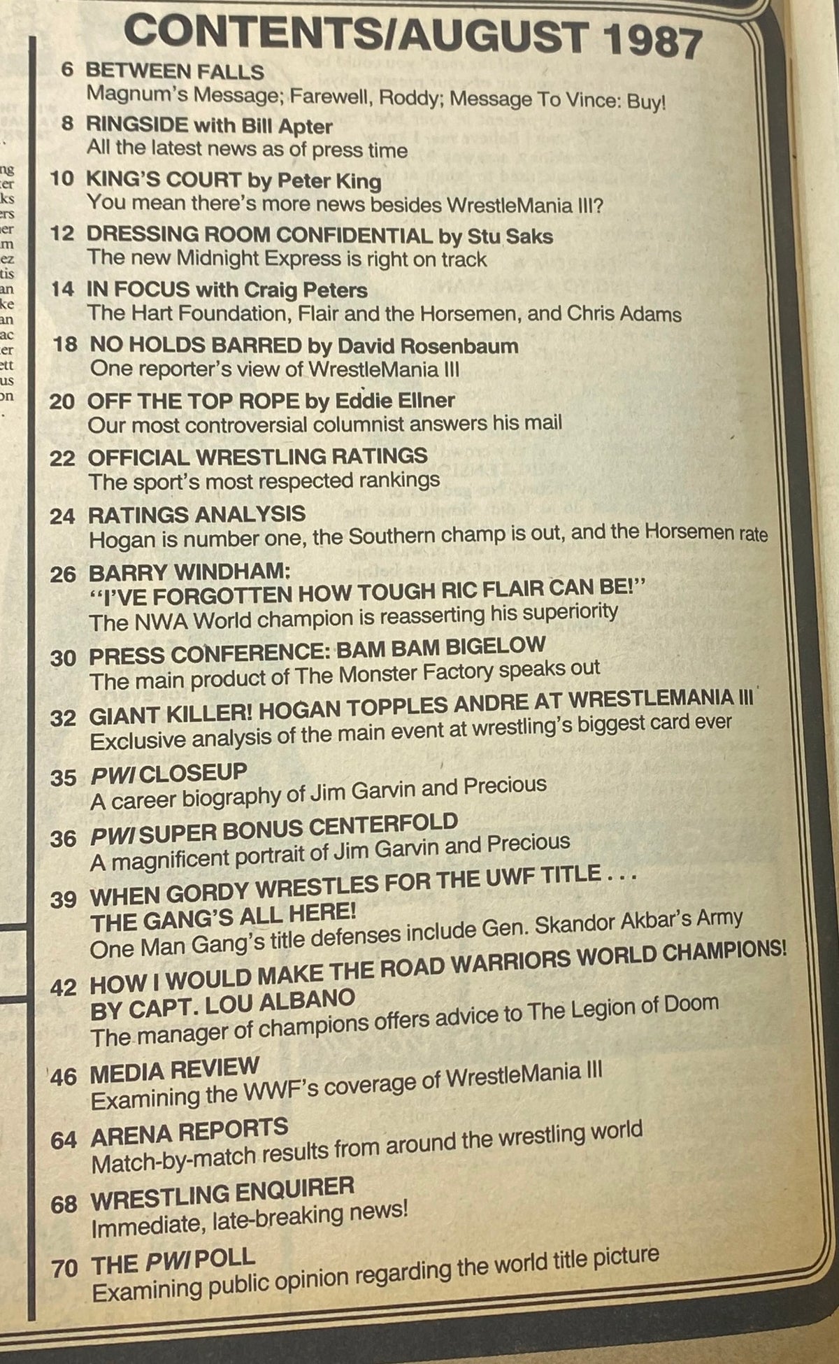 Table of contents for Pro Wrestling Illustrated Magazine August 1987, detailing articles and features including Hogan's triumph at WrestleMania III and other wrestling-related content.