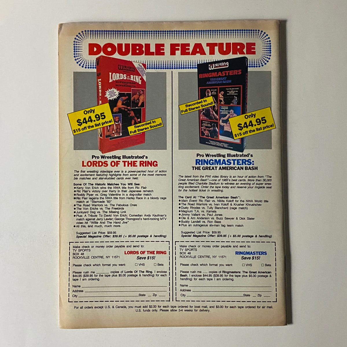 Back cover of Pro Wrestling Illustrated Magazine August 1987, featuring a double feature advertisement for wrestling videos 'Lords of the Ring' and 'Ringmasters: The Great American Bash'.