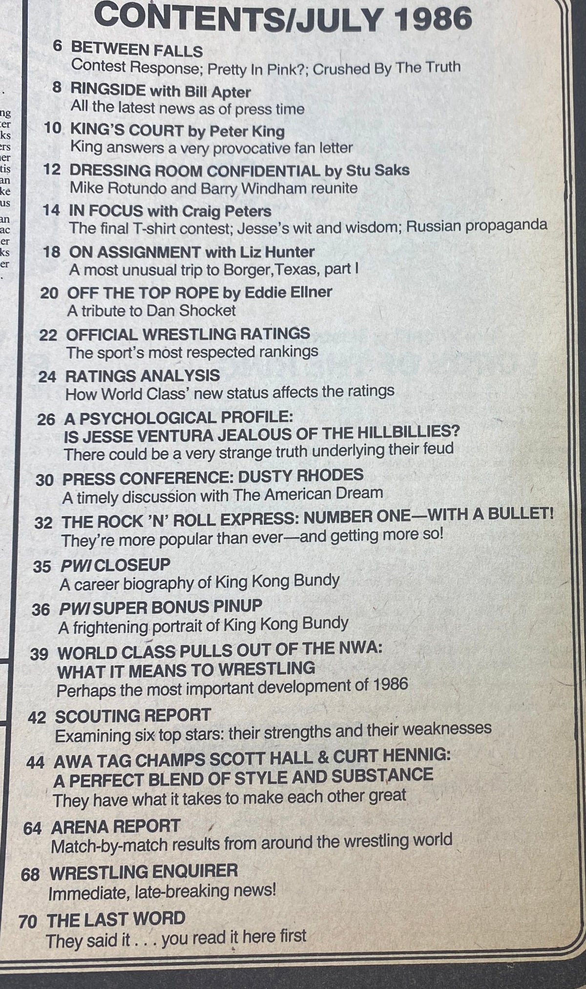 Contents page of Pro Wrestling Illustrated Magazine July 1986 detailing articles and features, including exclusive interviews and wrestling rankings.