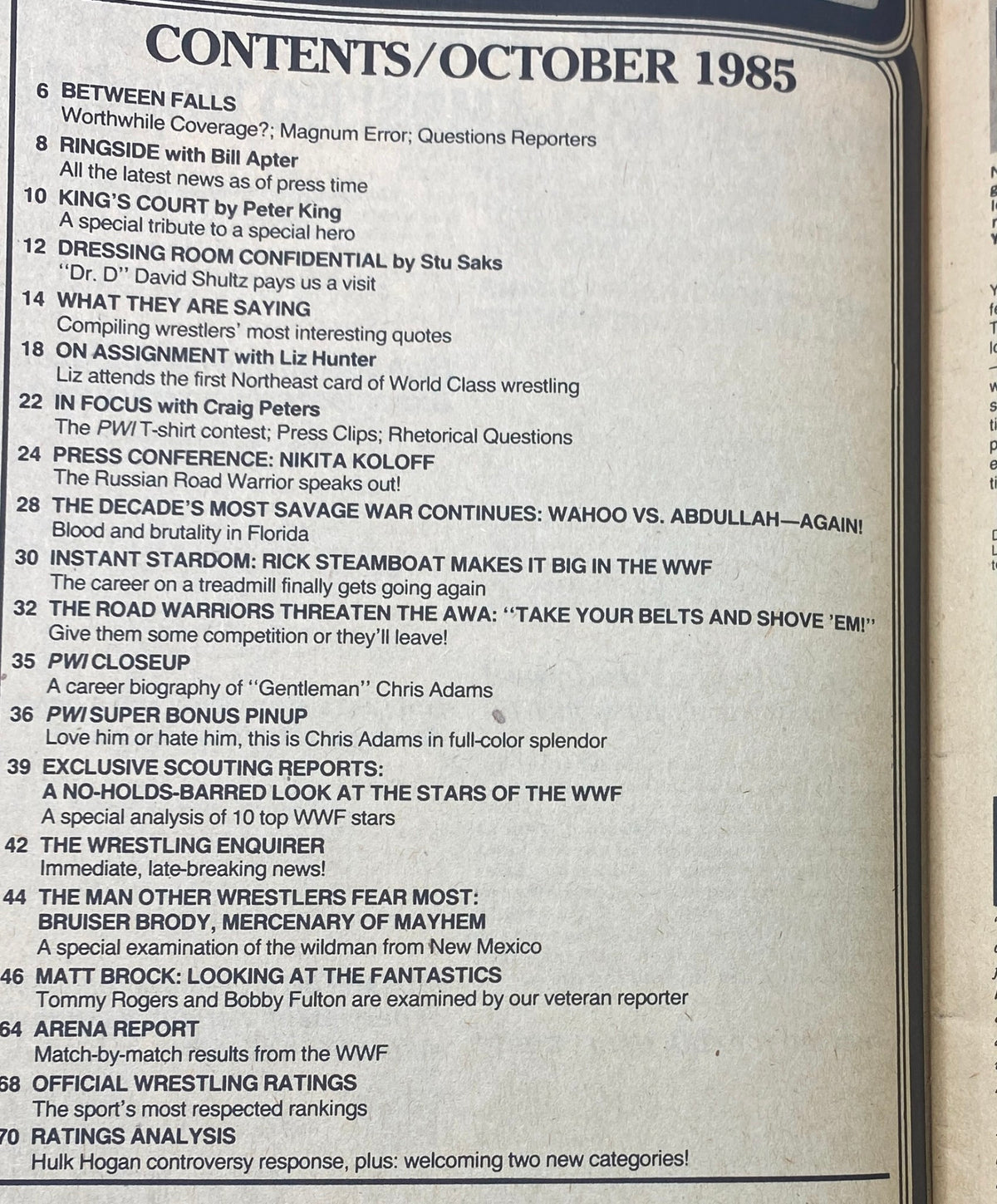 Contents page of Pro Wrestling Illustrated Magazine October 1985 featuring articles about wrestling legends and industry insights.