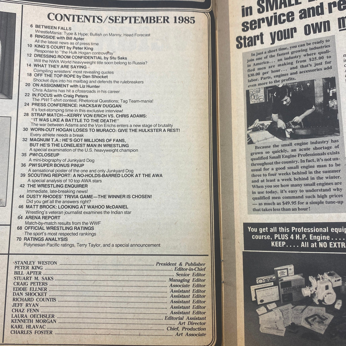 Contents page of Pro Wrestling Illustrated Magazine September 1985 featuring a list of articles and features including exclusive interviews and match analysis.