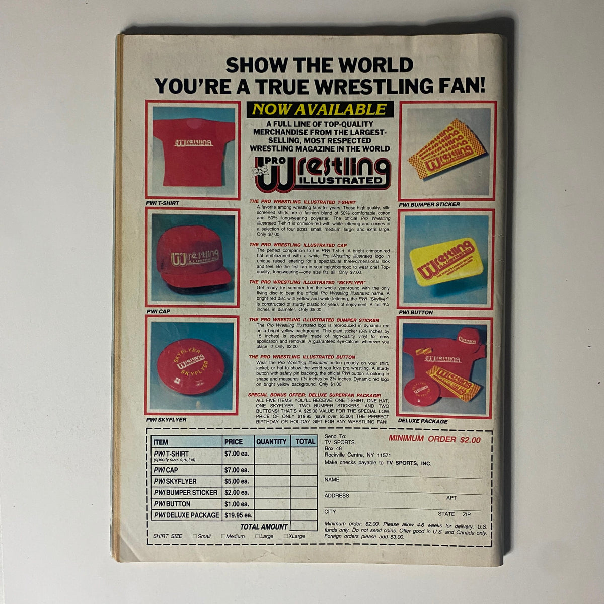Back cover of Pro Wrestling Illustrated Magazine September 1985 highlighting merchandise available for wrestling fans including t-shirts, caps, and bumper stickers.