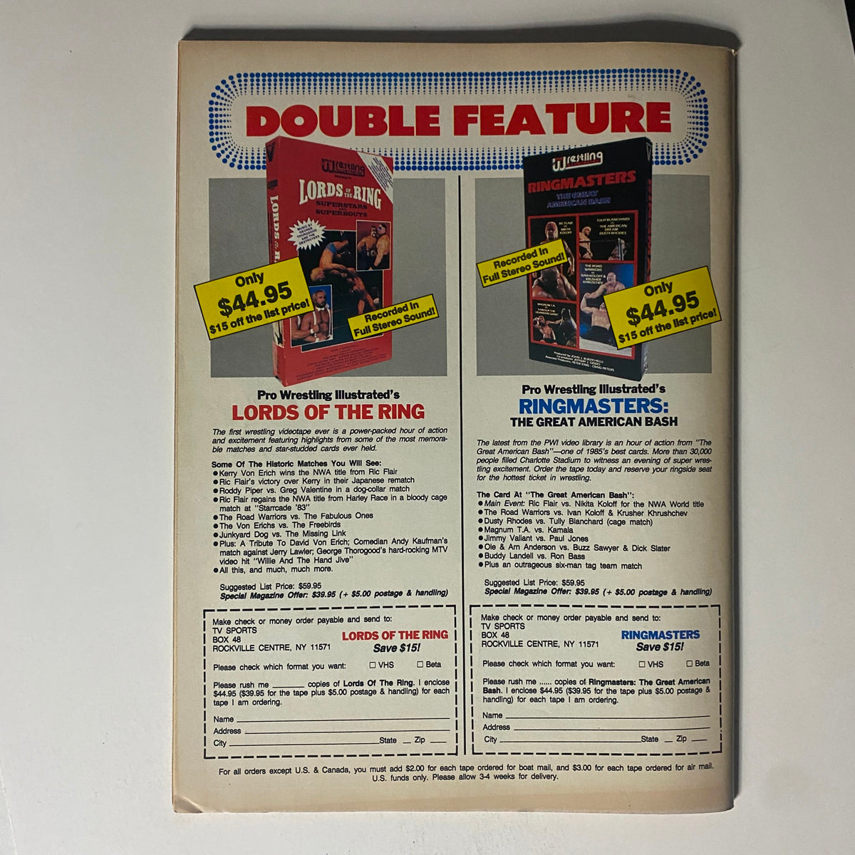 Back cover of Pro Wrestling Illustrated September 1988 showcasing a double feature advertisement for wrestling videos, highlighting 'Lords of the Ring' and 'Ringmasters,' emphasizing the vivid promotion of wrestling memorabilia.