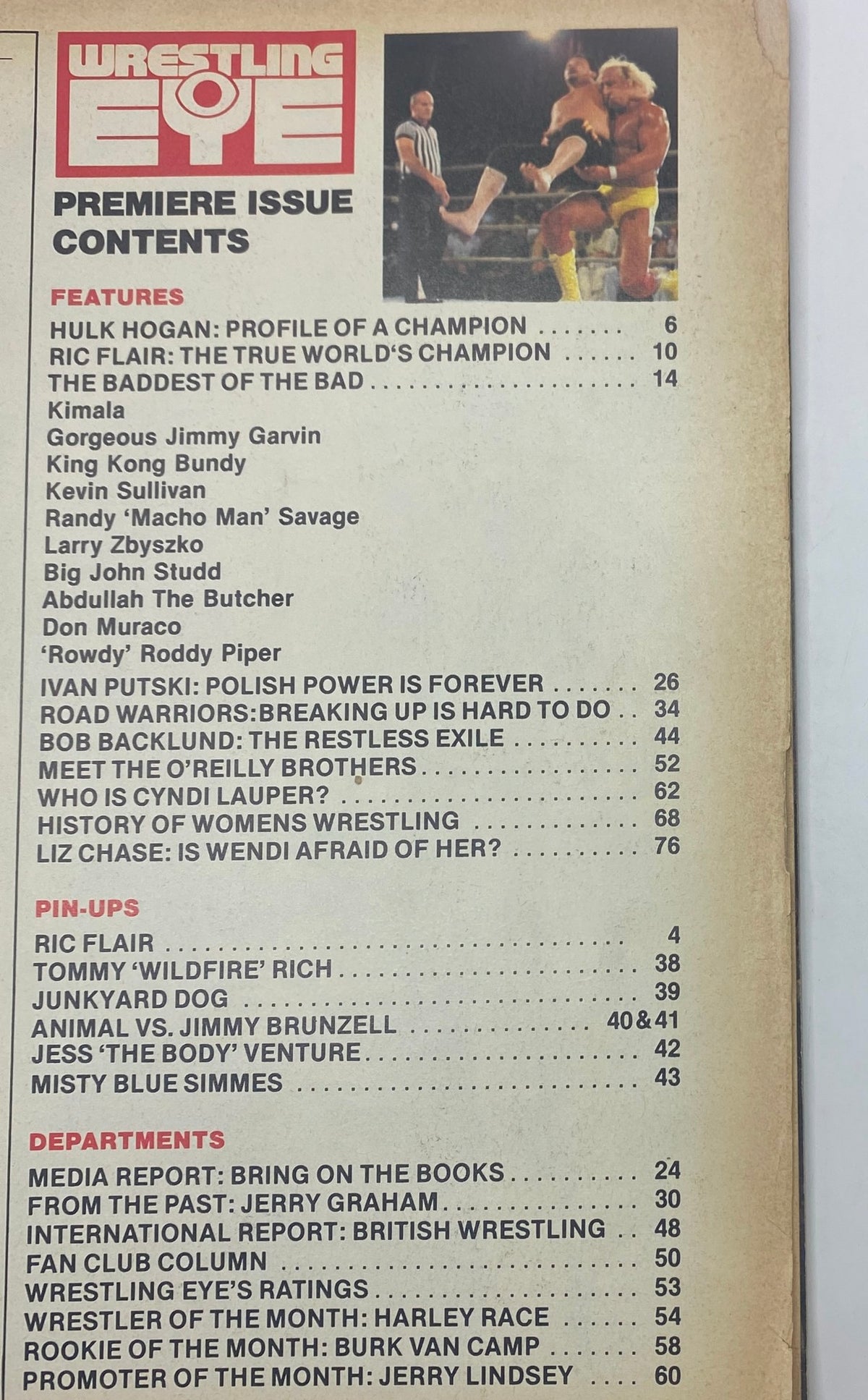 Table of contents from Wrestling Eye Magazine November 1985, featuring articles on Hulk Hogan, Ric Flair, and other wrestling legends.