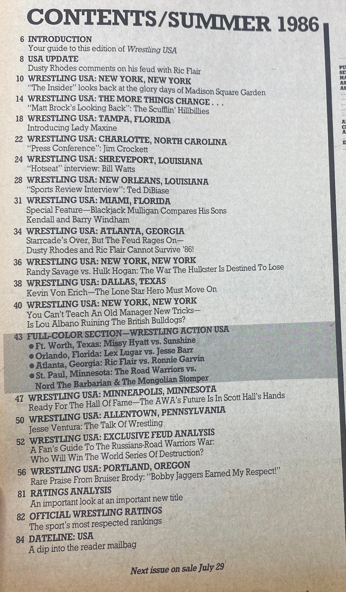 Table of contents of the VTG Wrestling USA Magazine Summer 1986 featuring articles and highlights on wrestling legends Kevin Von Erich and Ric Flair.
