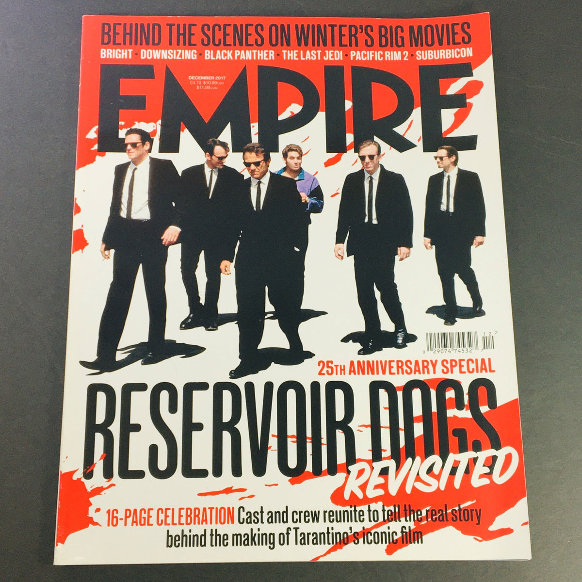 Empire Magazine December 2017 featuring Michael Madsen and Tim Roth on the cover, celebrating the 25th anniversary of Reservoir Dogs. The magazine highlights iconic actors in a stylized layout that captures the essence of the film industry.