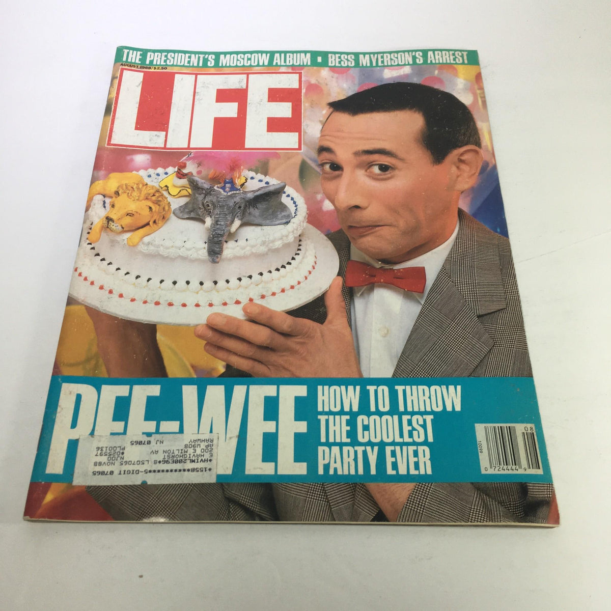 Cover of Life Magazine from August 1988 featuring Pee-Wee Herman, showcasing the title 'Pee-Wee How To Throw The Coolest Party Ever'. The cover features a whimsical party cake with animal figurines and a playful, nostalgic theme from the late 1980s.