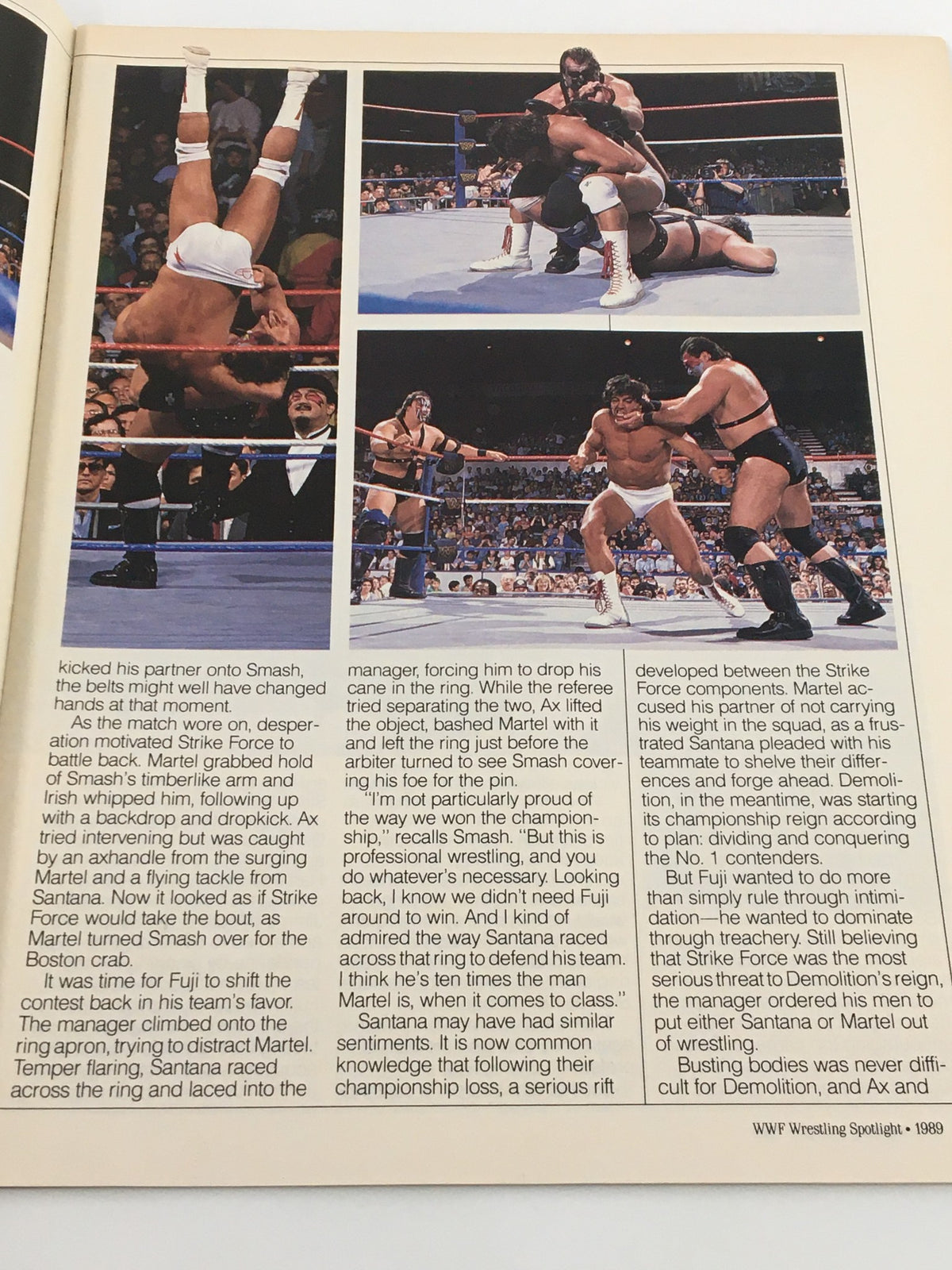 Interior page of Vintage WWF Wrestling Spotlight Magazine Volume 6 with wrestling action shots and descriptions featuring Demolition Ax and Smash.