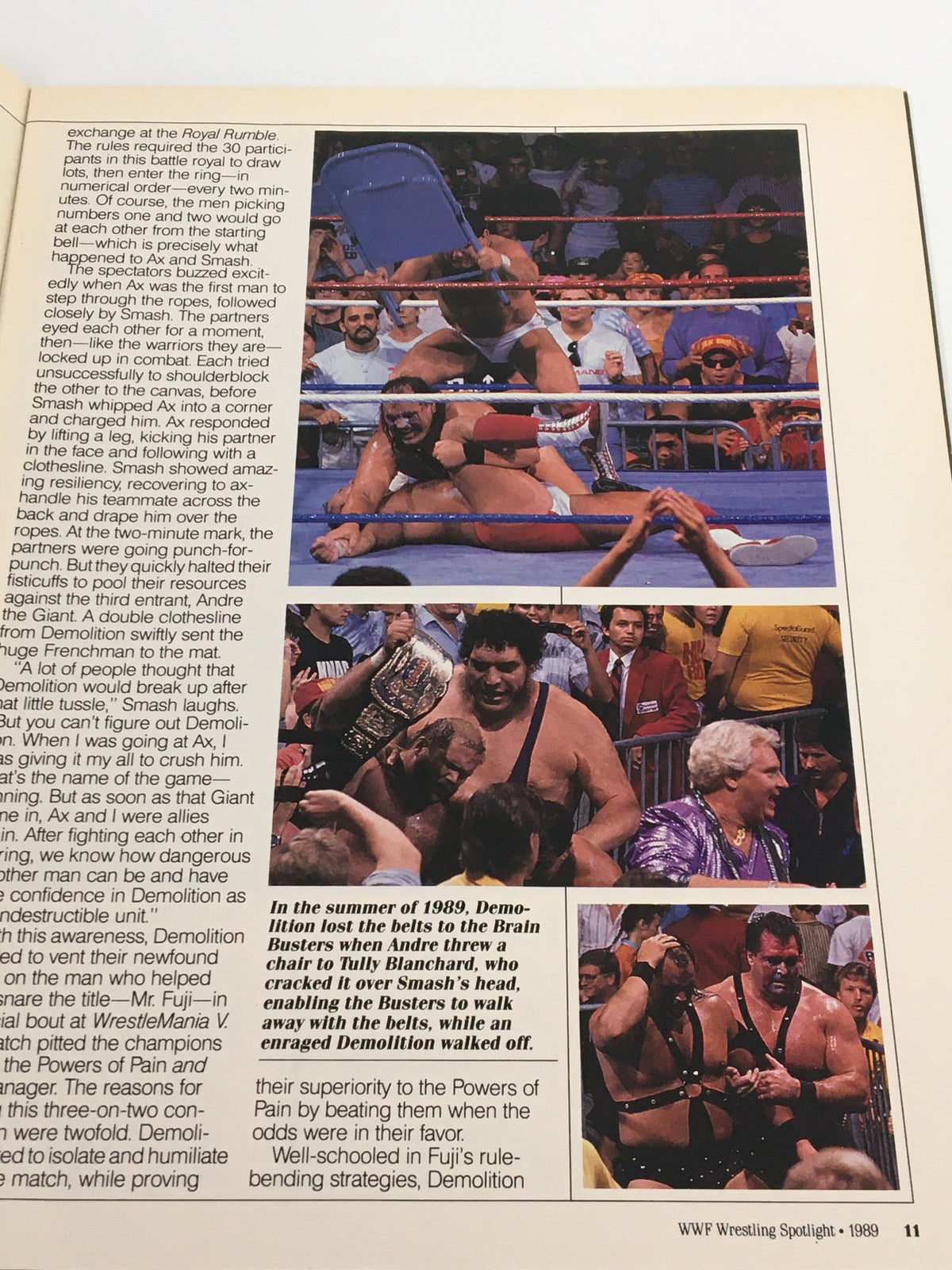 Another interior page of Vintage WWF Wrestling Spotlight Magazine Volume 6, showcasing wrestling highlights and information about Demolition.