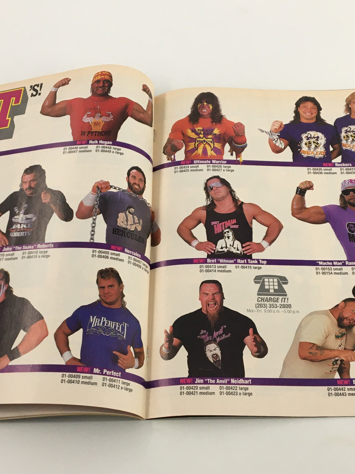 Interior page from Vintage WWF Wrestling Spotlight Magazine Volume 6 1989 showcasing popular wrestling t-shirts and figures from iconic wrestlers like Hulk Hogan and Ultimate Warrior.