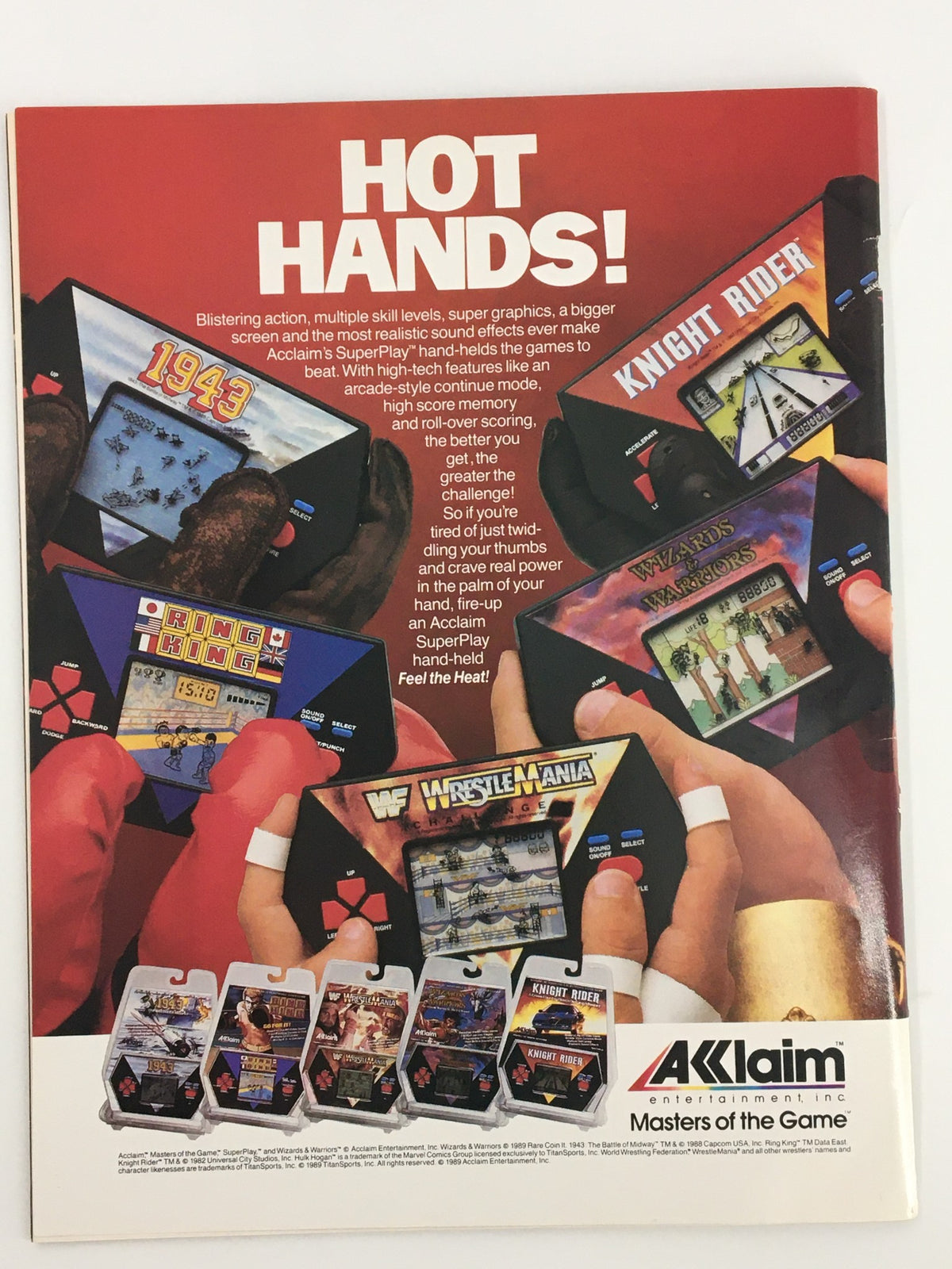Promotional page for handheld video games from the 1980s in Vintage WWF Wrestling Spotlight Magazine Volume 6 1989, highlighting games related to WWF.