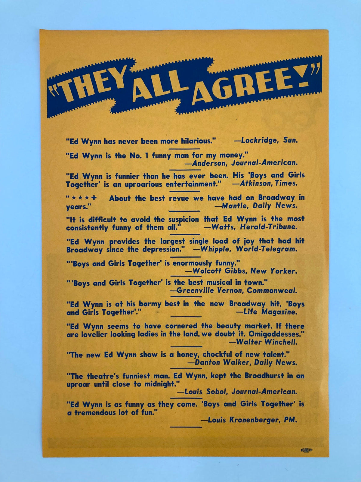 Reverse side of the 1940 Ed Wynn in Boys & Girls Together promotional poster with reviews and acclaim, highlighting Ed Wynn's comedic talent and theatrical charm.