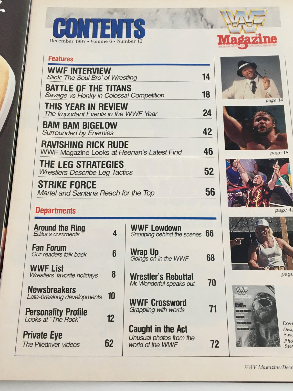 Table of contents from VTG WWF Magazine December 1987 outlining features like 'WWF Interview' and 'Battle of the Titans' with Randy Savage.