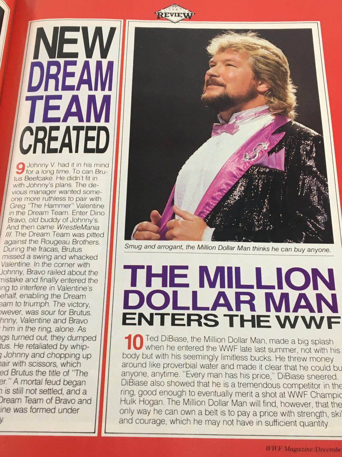 VTG WWF Magazine December 1987 - An article featuring the Million Dollar Man, Ted DiBiase, discussing his entrance into the WWF and his charismatic personality, adorned in a sparkly suit.
