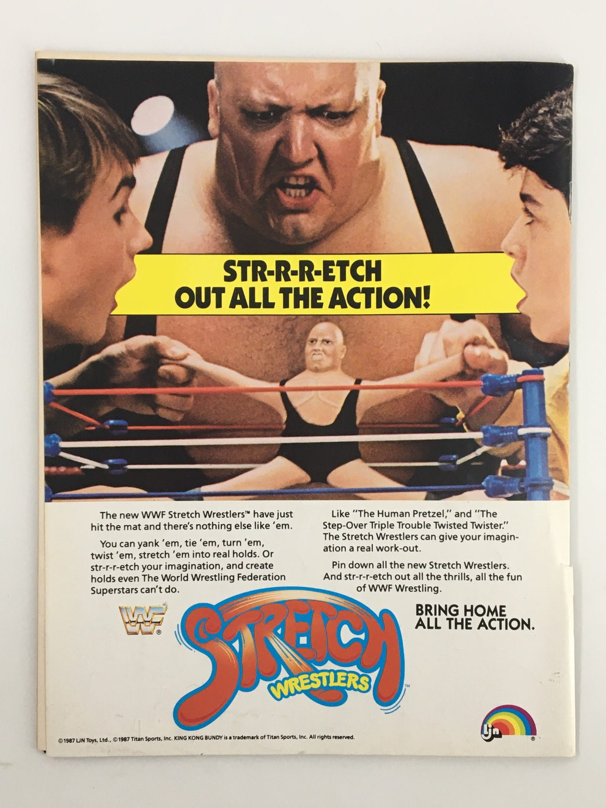 VTG WWF Magazine December 1987 - The back cover showcasing the WWF Stretch Wrestlers advertisement, featuring a wrestling scene with kids, highlighting the action and excitement of the wrestling toys.