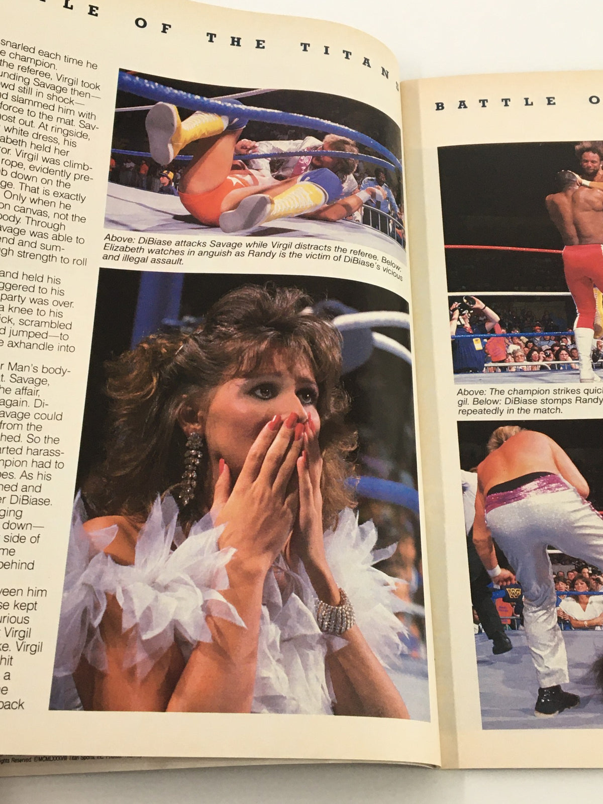 An article spread in VTG WWF Magazine August 1988 showing a wrestling match, with DiBiase attacking Randy Savage as Elizabeth watches worriedly, capturing the intense drama of wrestling.
