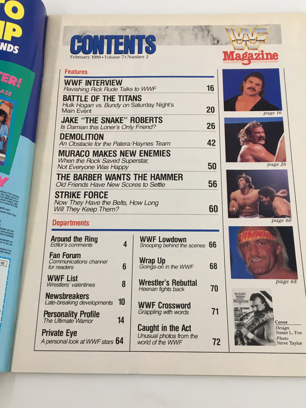 Contents page of the VTG WWF Magazine February 1988 detailing articles including Jake "The Snake" Roberts and Hulk Hogan vs. Bundy.