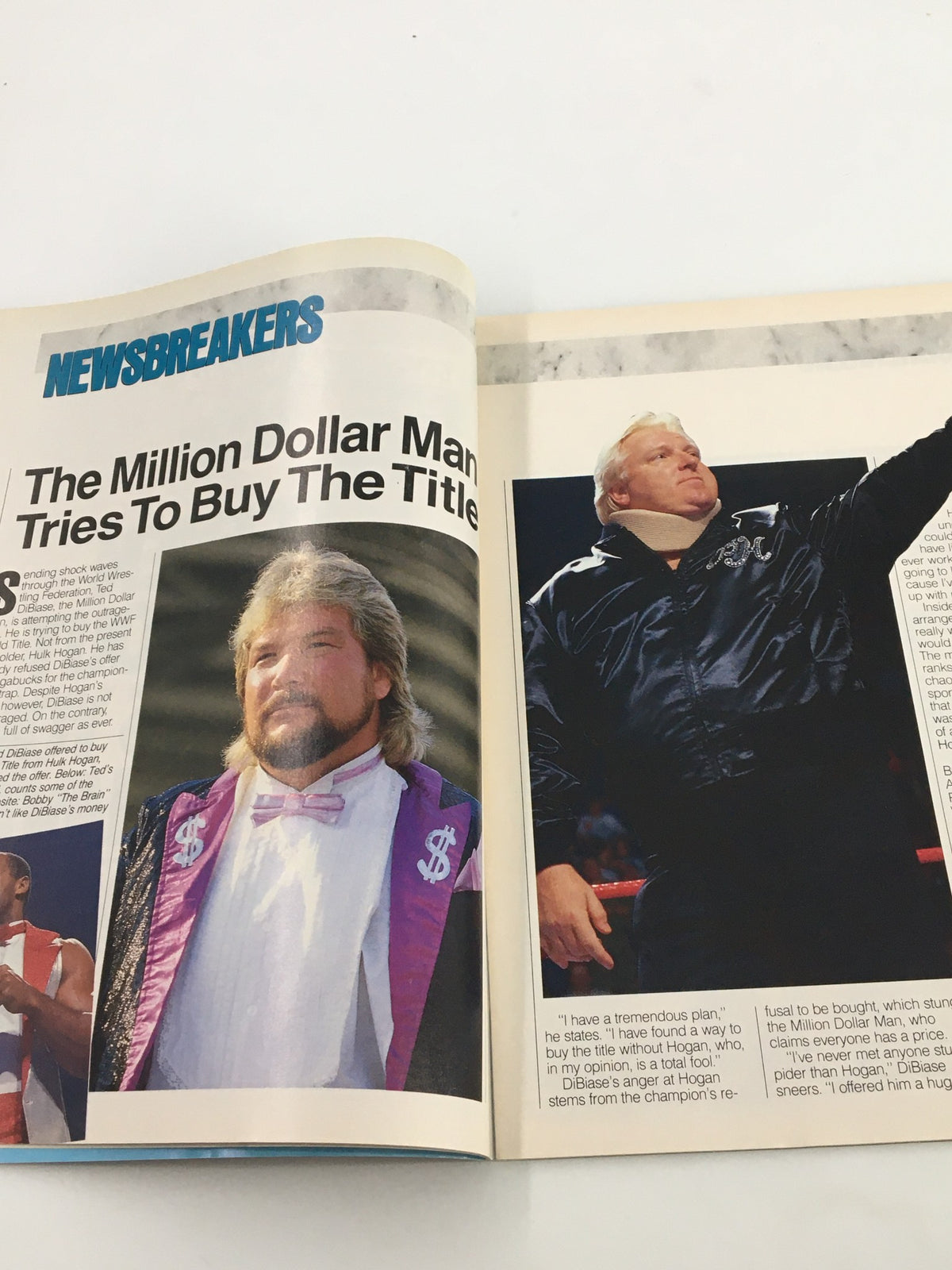 Inside page of the VTG WWF Magazine February 1988 presenting a Newsbreaker feature with The Million Dollar Man attempting to buy the title.