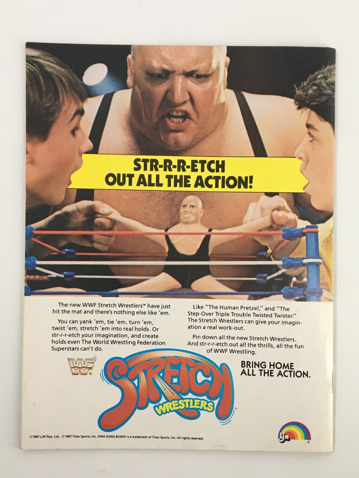 Back cover of the VTG WWF Magazine February 1988 featuring Hulk Hogan and King Kong Bundy with advertisement for WWF Stretch Wrestlers, showcasing promotional text and striking images from wrestling history.