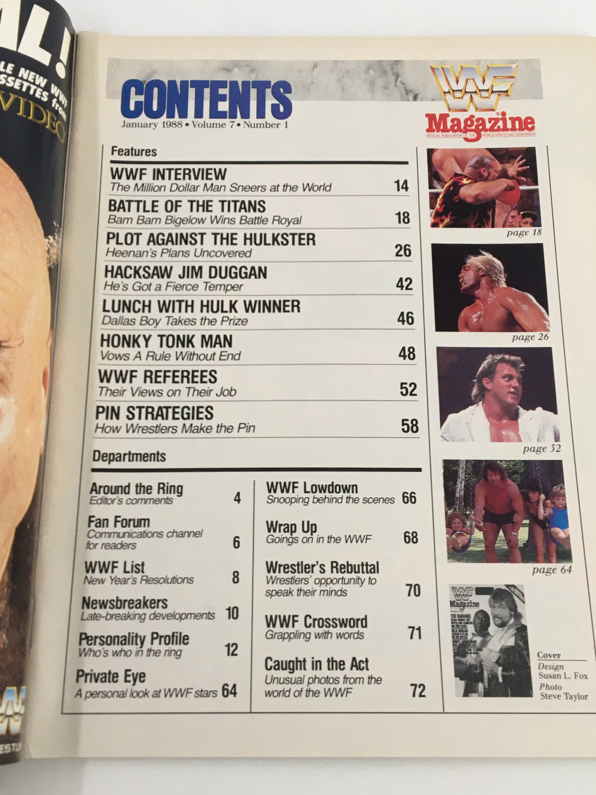 Contents page of VTG WWF Magazine January 1988 featuring articles and wrestlers such as Hulk Hogan and Ted DiBiase.