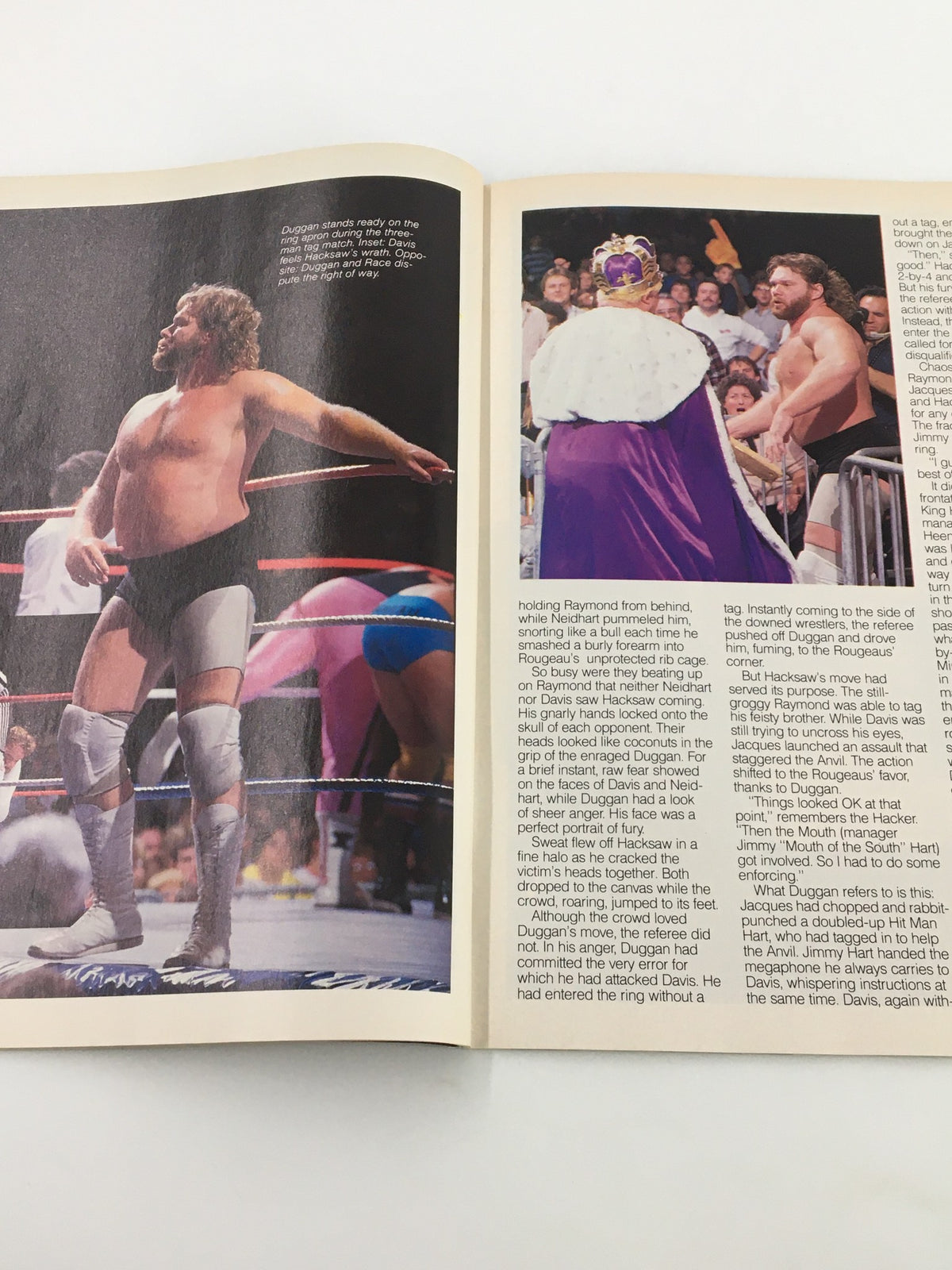 Wrestlers preparing for a match in VTG WWF Magazine January 1988, with HackSaw Jim Duggan highlighted.