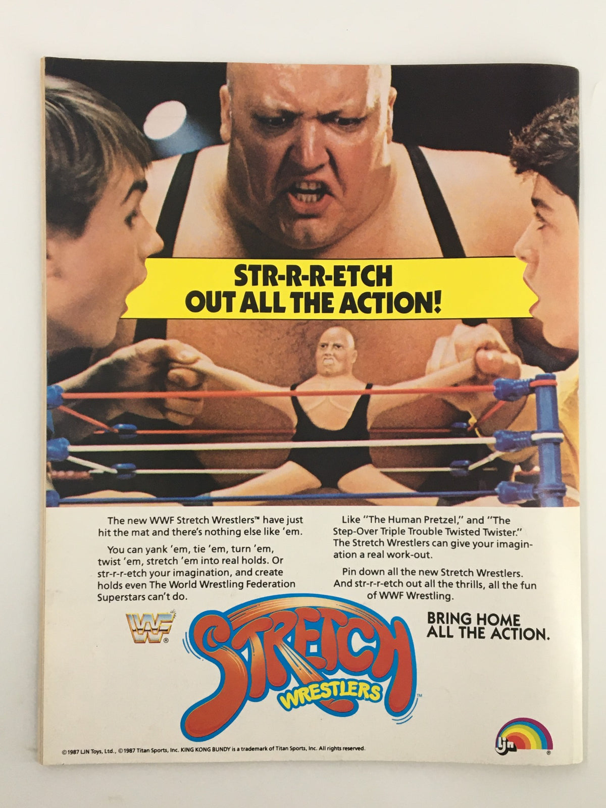 VTG WWF Magazine January 1988 featuring a wrestling match with prominent figures, showcasing action and excitement, and advertising WWF Stretch Wrestlers.