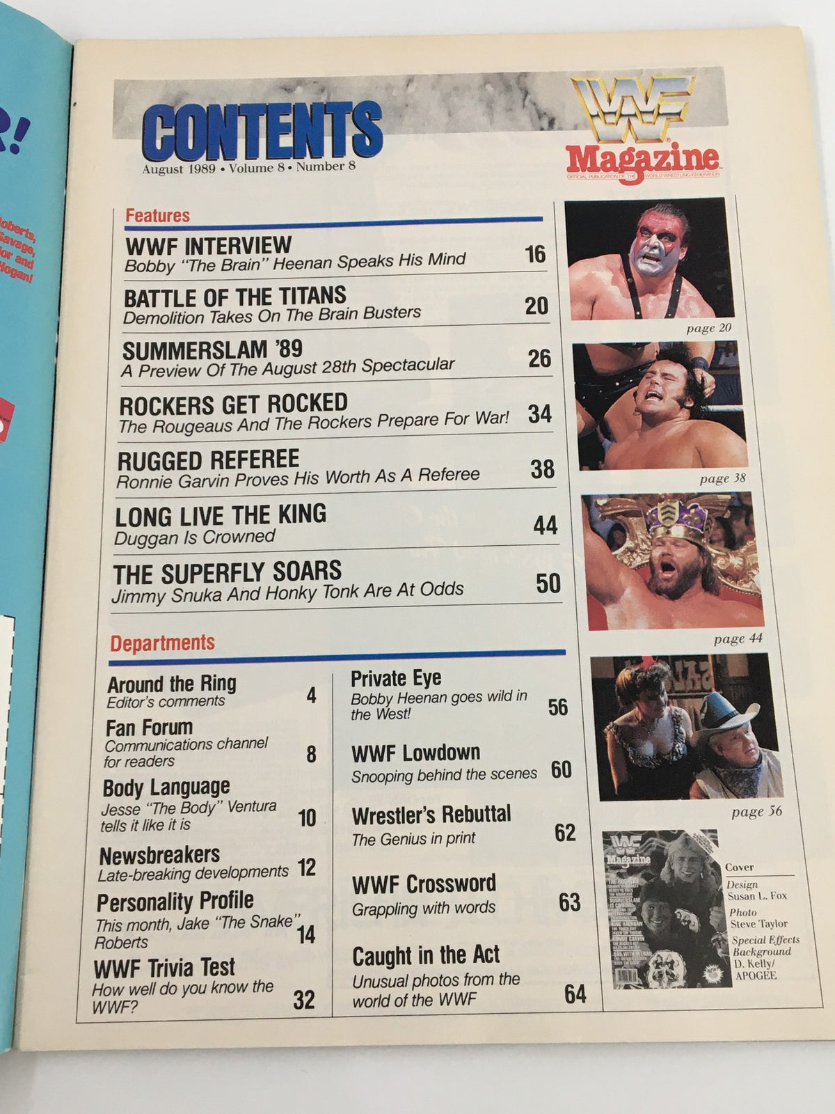 Contents page of the WWF Magazine, August 1989, featuring articles on wrestling legends and events such as a WWF interview with Bobby Heenan and the Summerslam '89 preview.