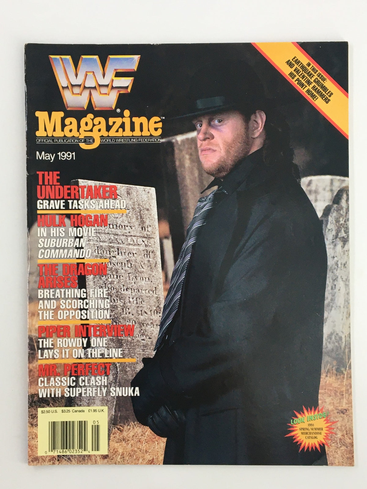 Cover of May 1991 WWF Magazine featuring The Undertaker, Hulk Hogan, and Rowdy Piper, showcasing wrestling legends in a graveyard setting.