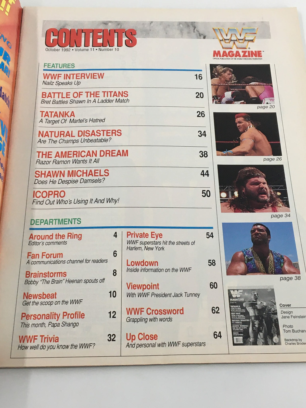 Inside page of VTG WWF Magazine October 1992 showcasing the table of contents with articles on notable wrestlers such as Bret Hart, Tatanka, and Shawn Michaels.