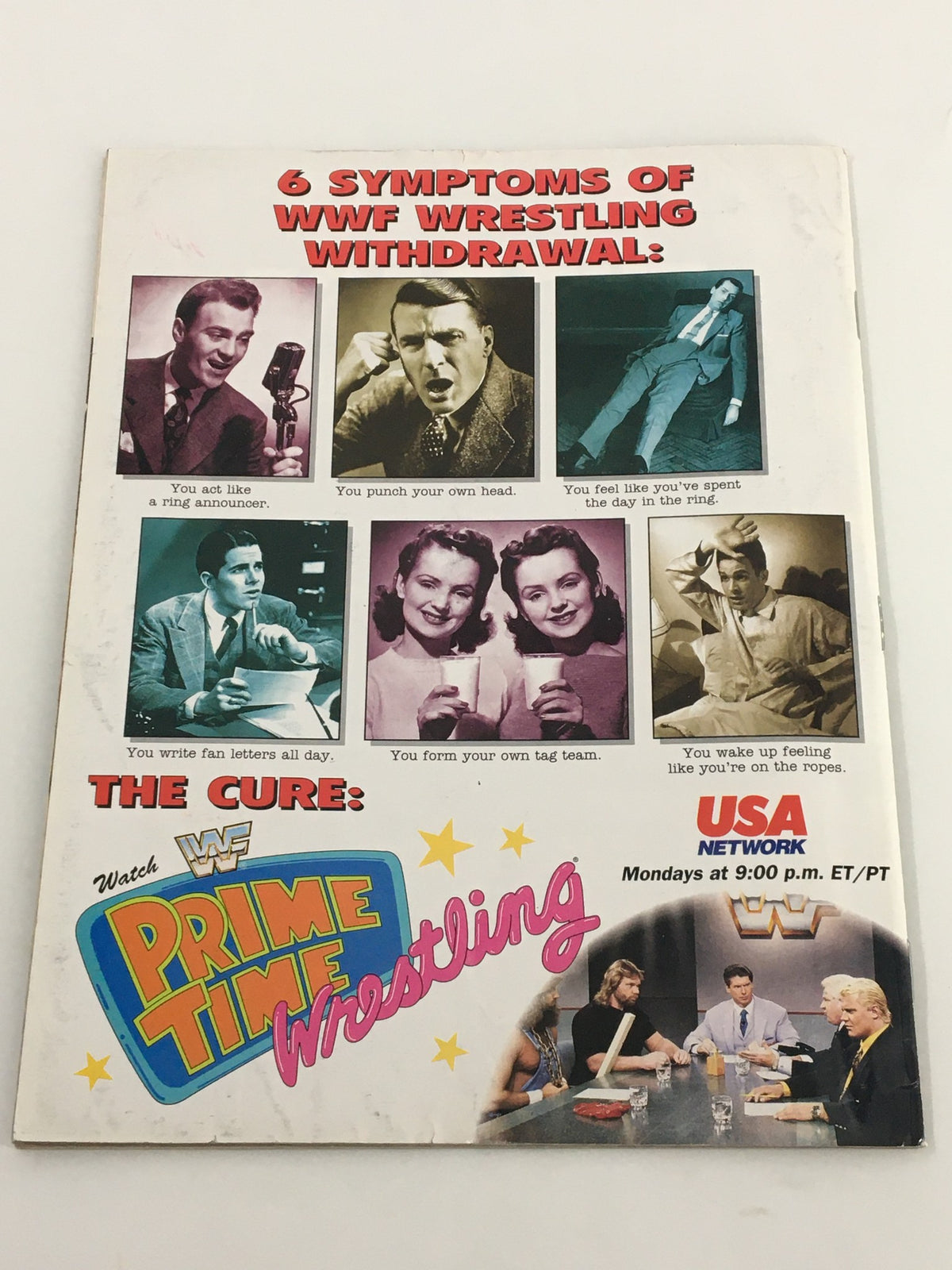 VTG WWF Magazine October 1992 back cover illustrating humorous symptoms of WWF wrestling withdrawal, promoting WWF Prime Time Wrestling.