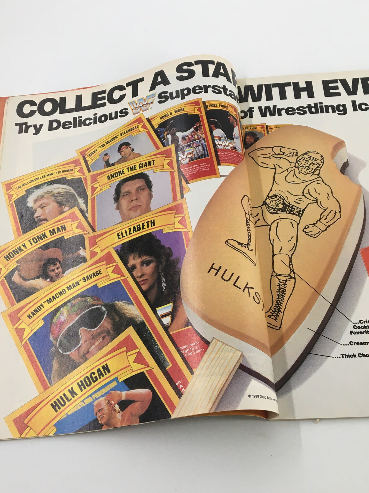 Collectible advertisement from VTG WWF Magazine November 1988 featuring WWF Superstar cards and ice cream treats with character images.