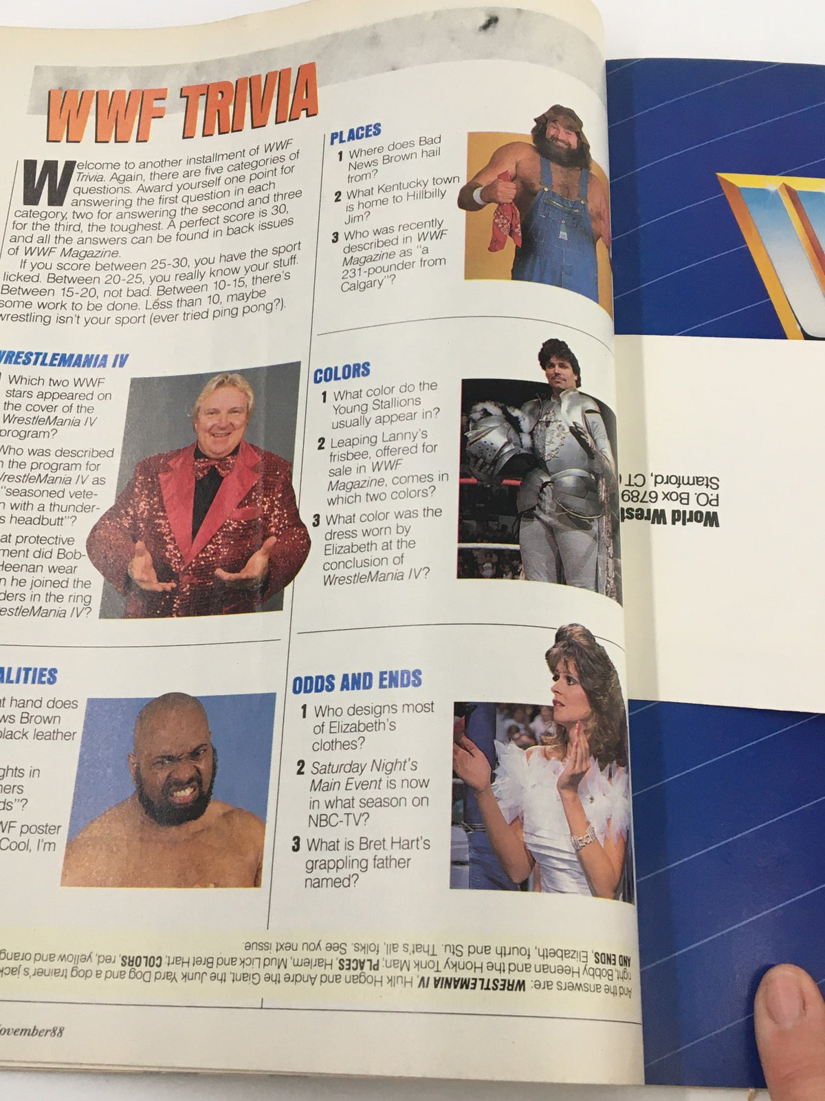 WWF trivia page from VTG WWF Magazine November 1988 including questions and images of popular wrestling personalities.