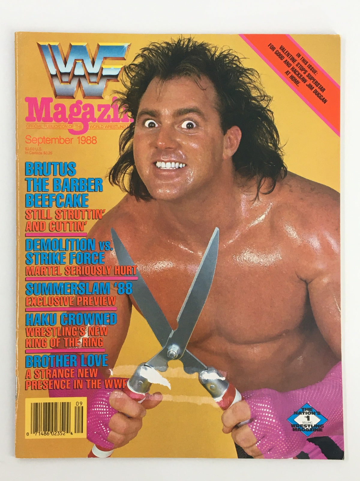 WWF Magazine September 1988 cover featuring Brutus The Barber Beefcake with scissors, showcasing the highlight of Haku being crowned, perfect for wrestling collectors.
