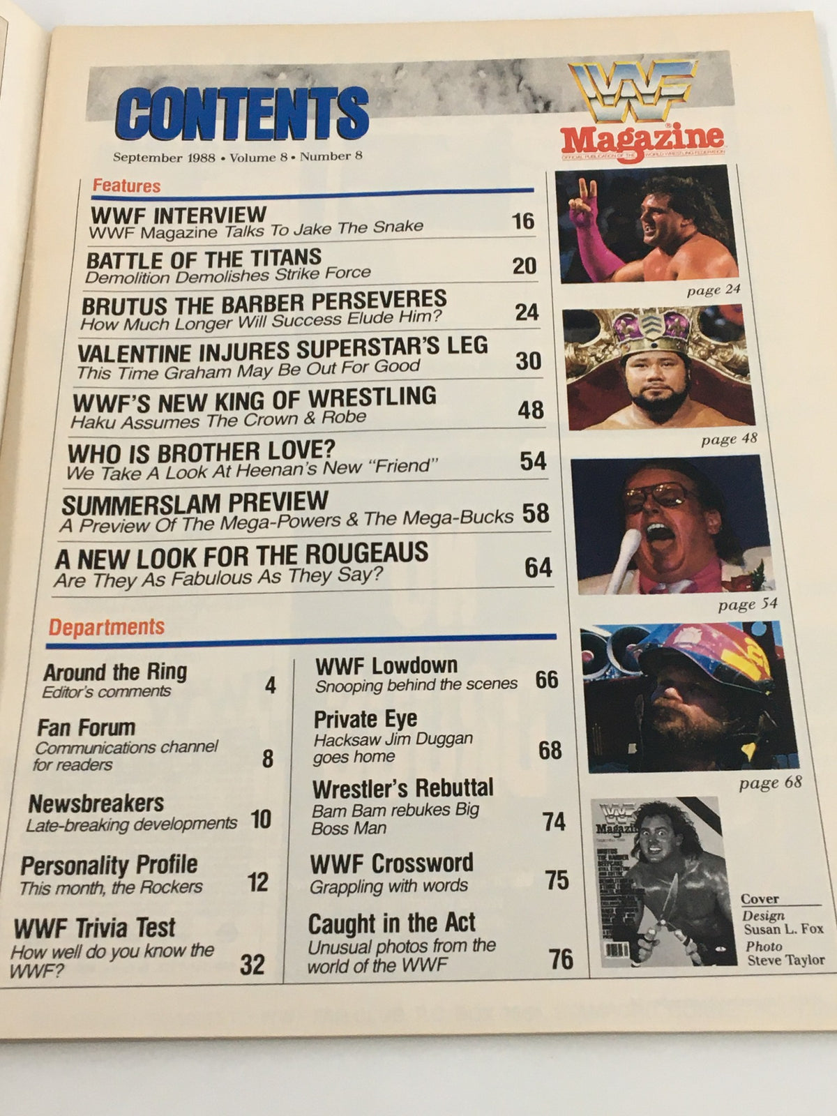 Contents page of WWF Magazine September 1988 detailing features and articles including Brutus The Barber, Haku, and Summerslam preview, appealing to wrestling enthusiasts.