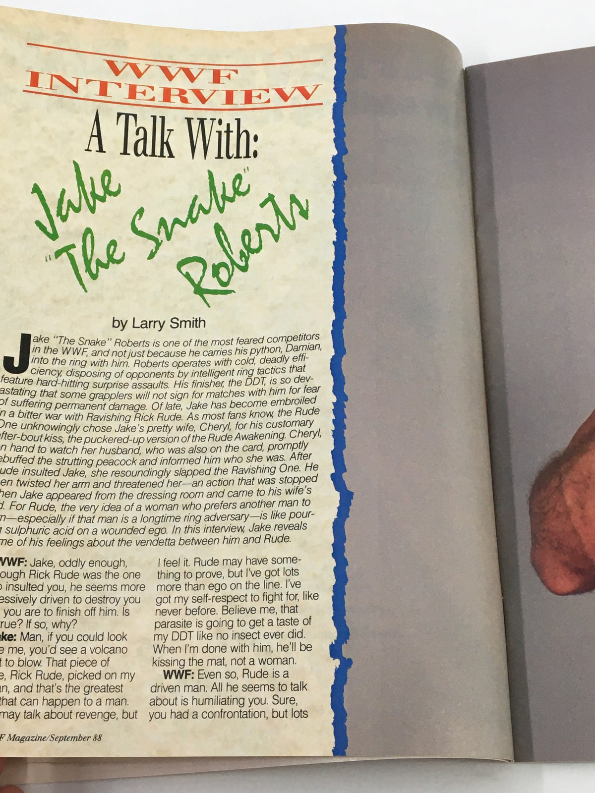 Page from WWF Magazine September 1988 featuring an interview with Jake The Snake Roberts, discussing his wrestling career and rivalries, a gem for wrestling history fans.