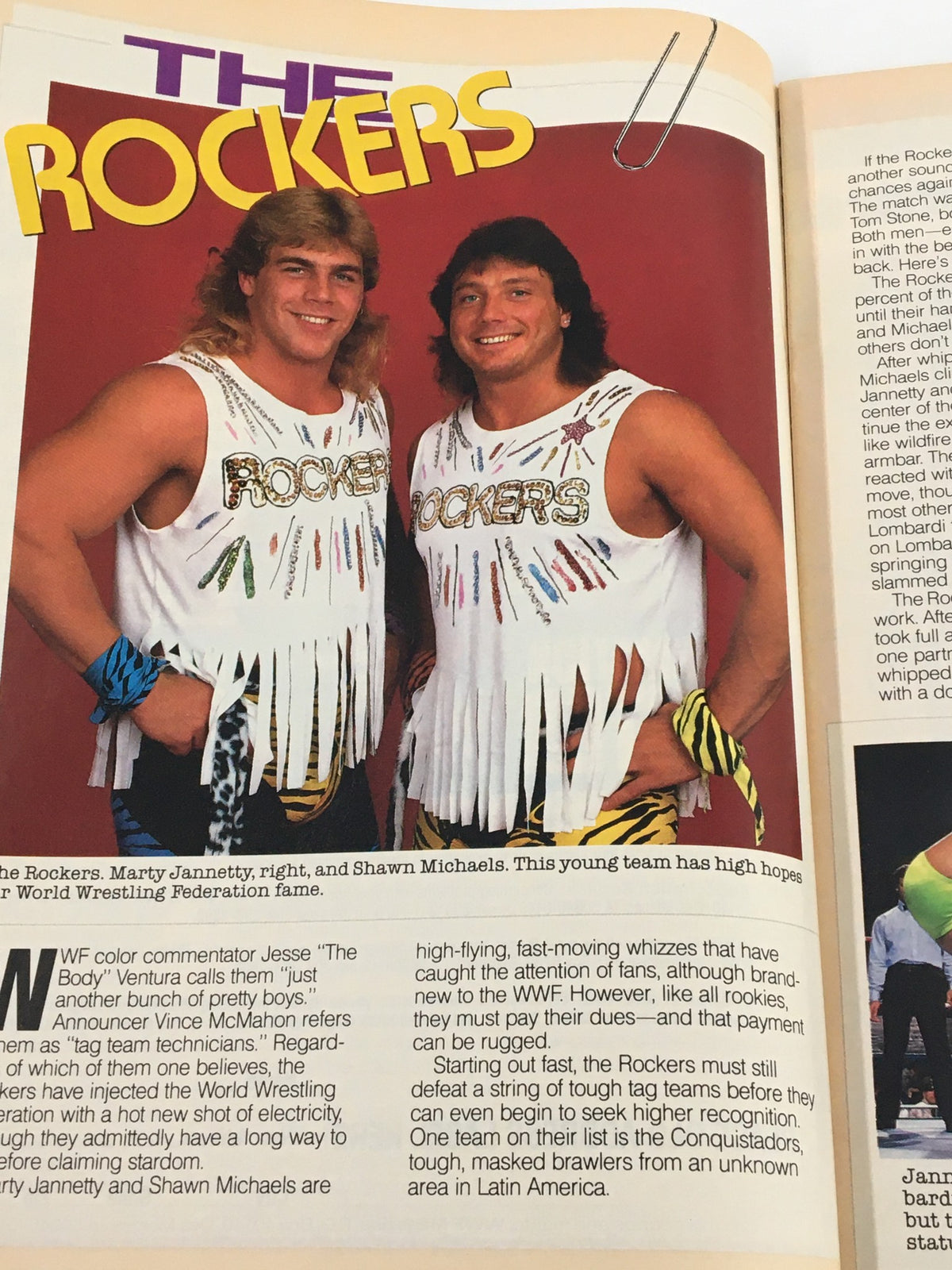 Image from VTG WWF Magazine September 1988 featuring The Rockers, Marty Jannetty and Shawn Michaels, showcasing their colorful outfits and dynamic personalities as they are introduced in the world of professional wrestling.