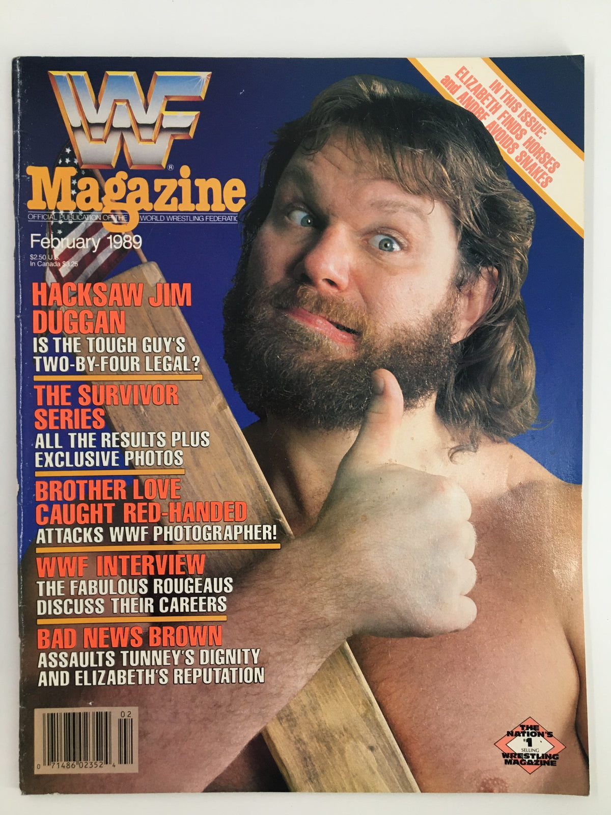 Cover of the VTG WWF Magazine February 1989 featuring Hacksaw Jim Duggan, showcasing wrestling themes and Survivor Series highlights.