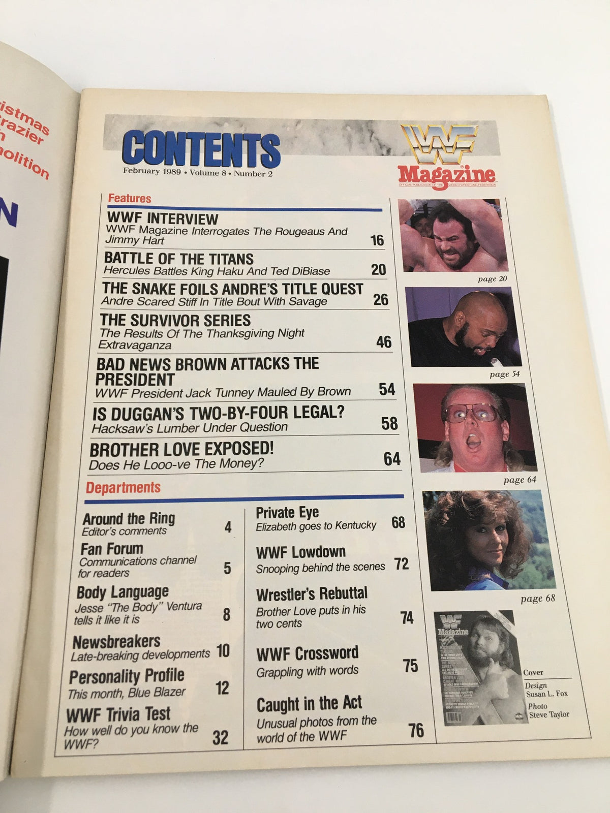 Contents page of the VTG WWF Magazine February 1989 detailing articles and features including WWF Interview, The Survivor Series, and more.