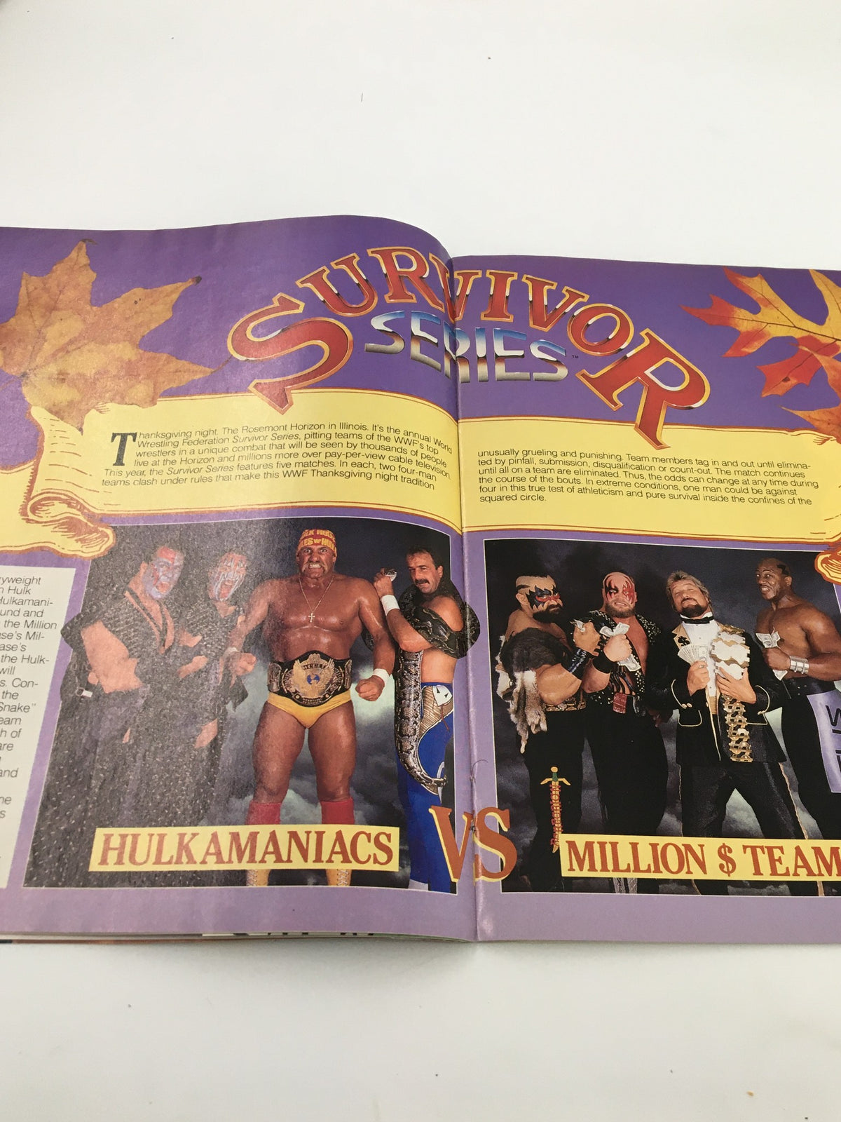 Featured spread in December 1989 WWF Magazine presenting the main event of the Survivor Series between the Hulkamaniacs and the Million Dollar Team.