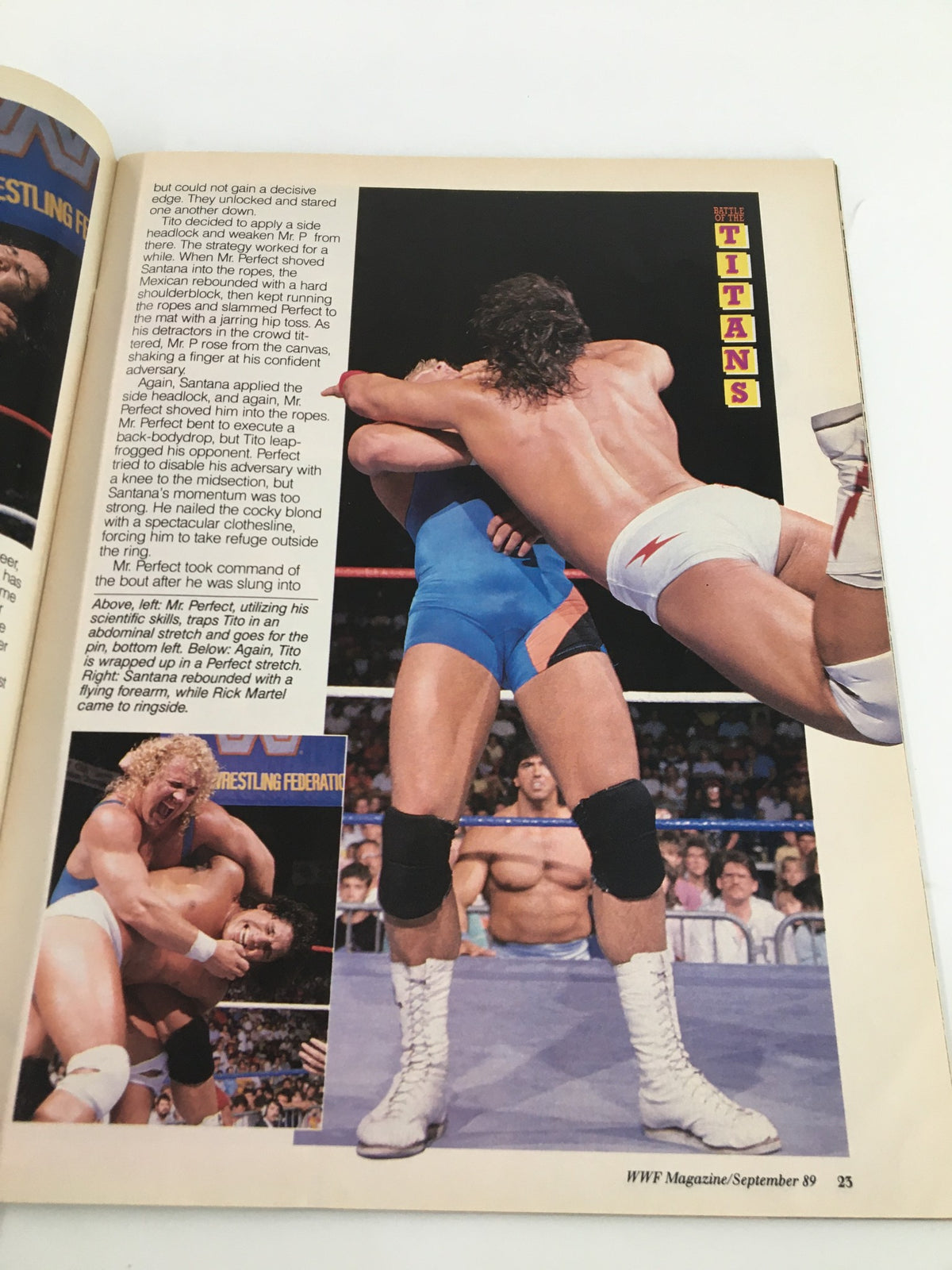 Action-packed page from VTG WWF Magazine September 1989 depicting a match between Tito Santana and Mr. Perfect, showcasing the thrilling matches of the late 80s wrestling era.